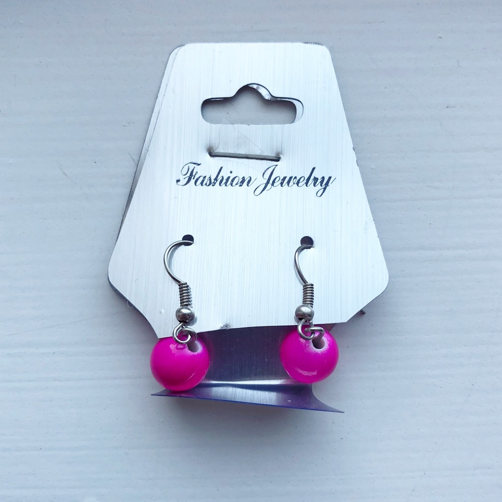 Chic hot pink bead ball drop earrings